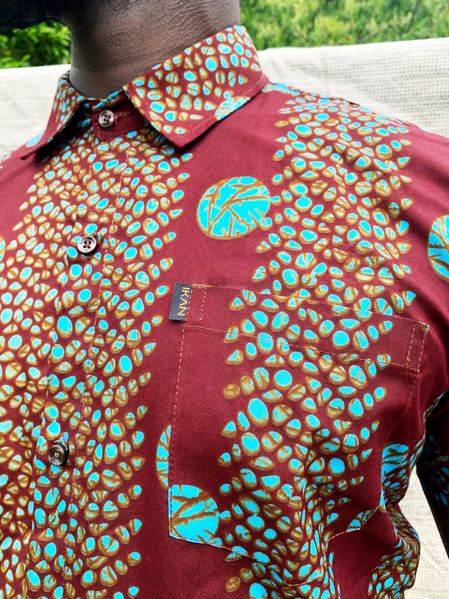 Deep red & blue ankara wax print short sleeve buttoned shirt with front pocket