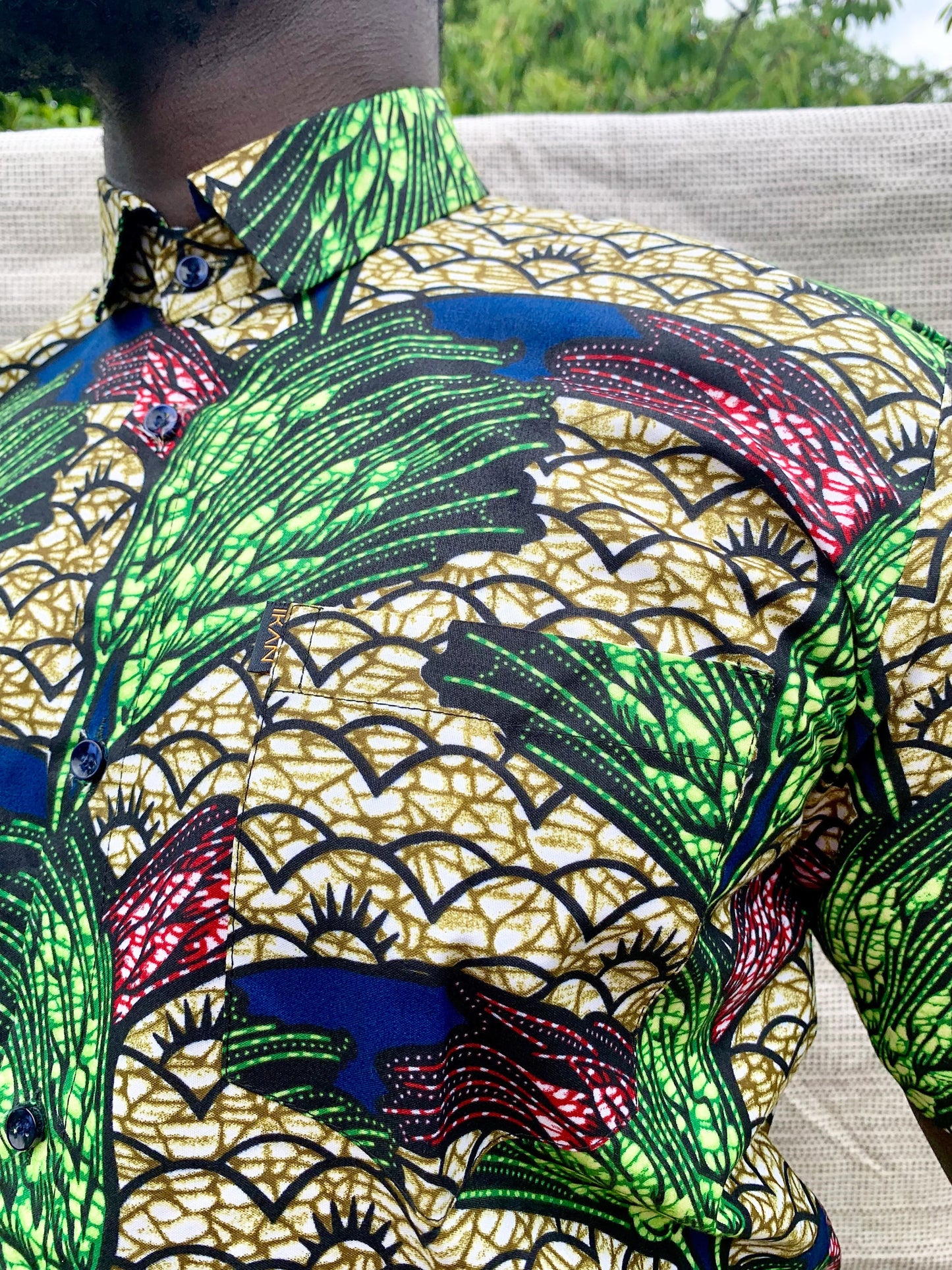 Tropical multicoloured leaf design ankara wax print short sleeve buttoned shirt with front pocket