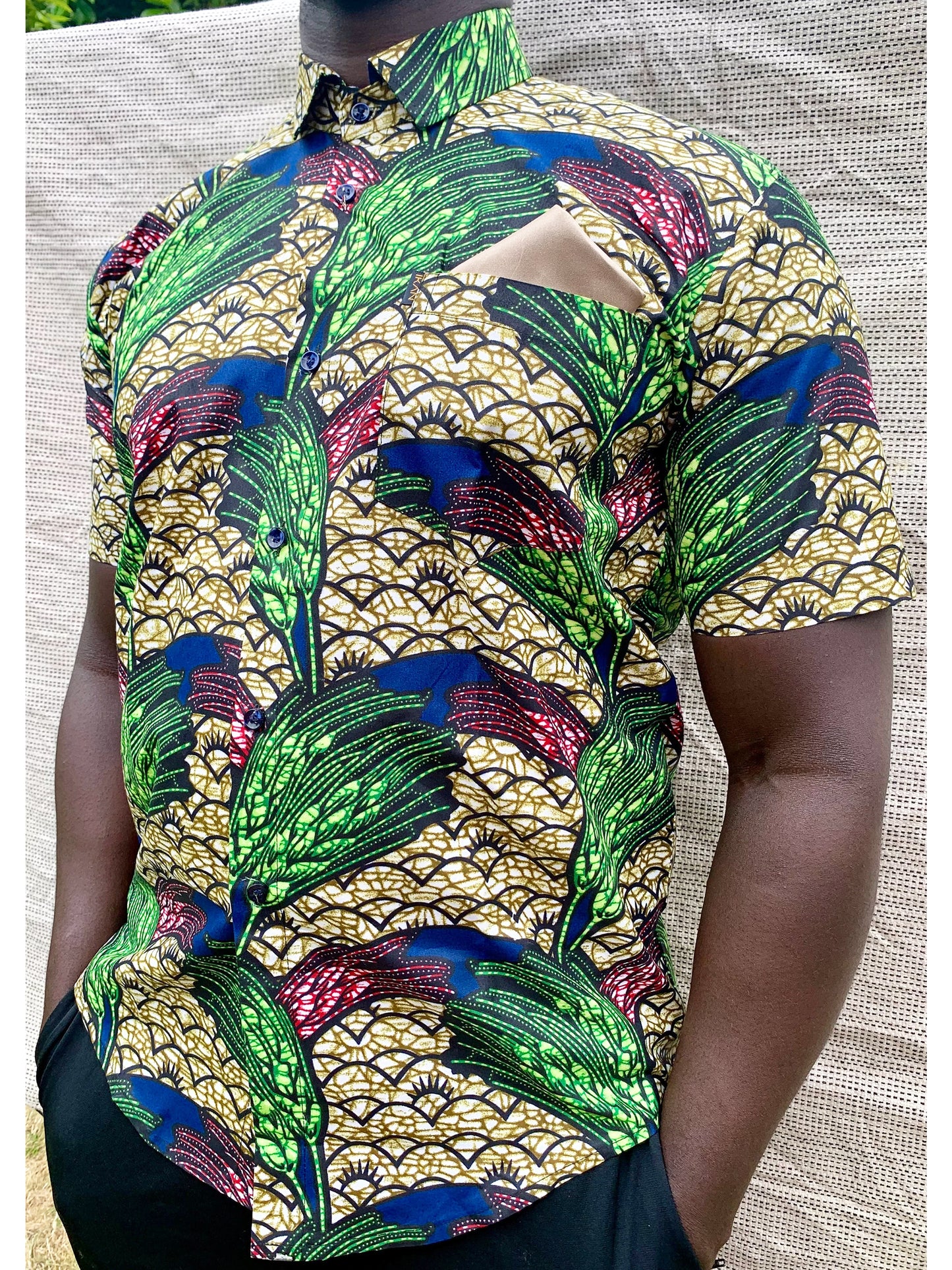 Tropical multicoloured leaf design ankara wax print short sleeve buttoned shirt with front pocket