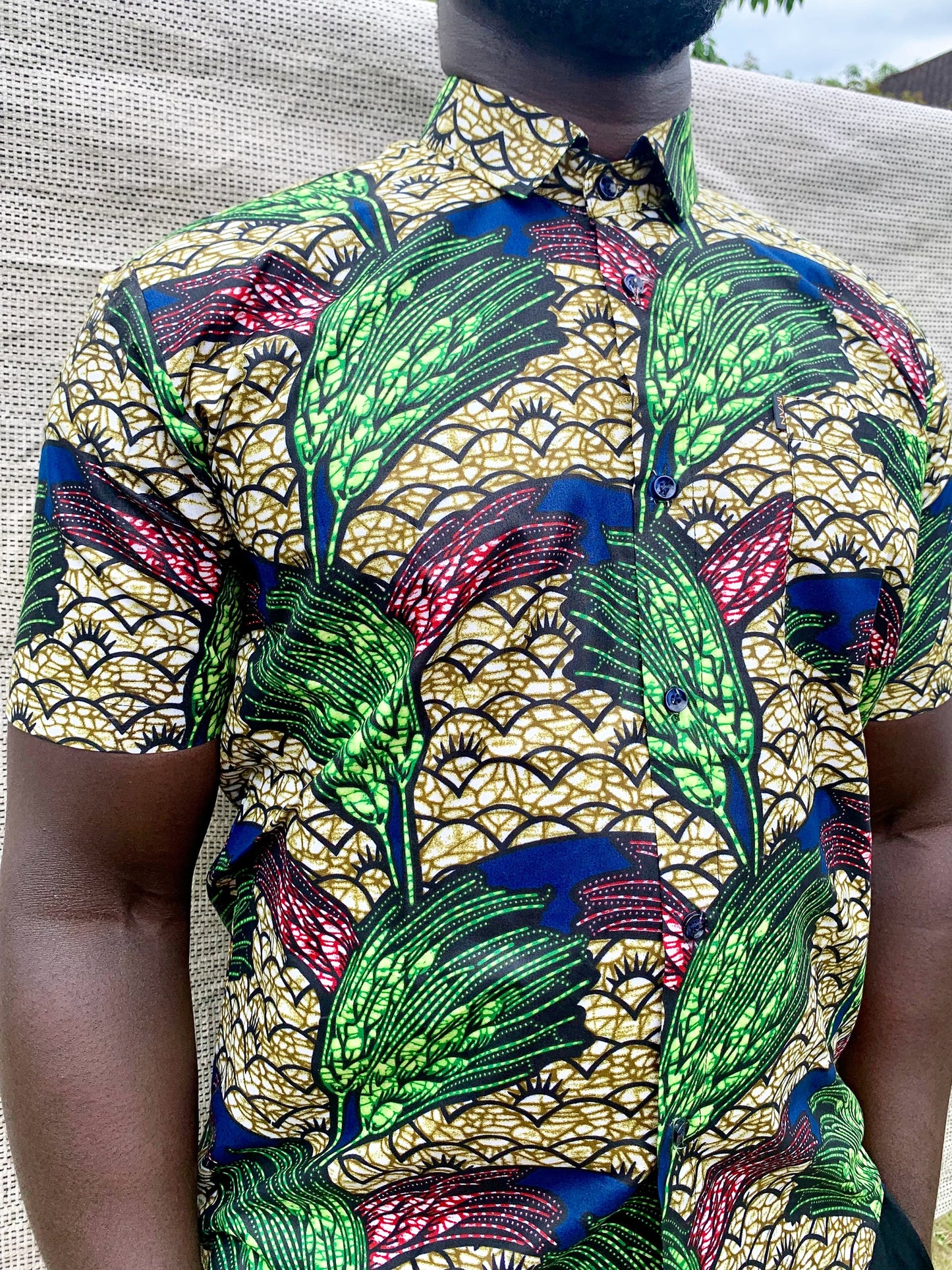 Tropical multicoloured leaf design ankara wax print short sleeve buttoned shirt with front pocket