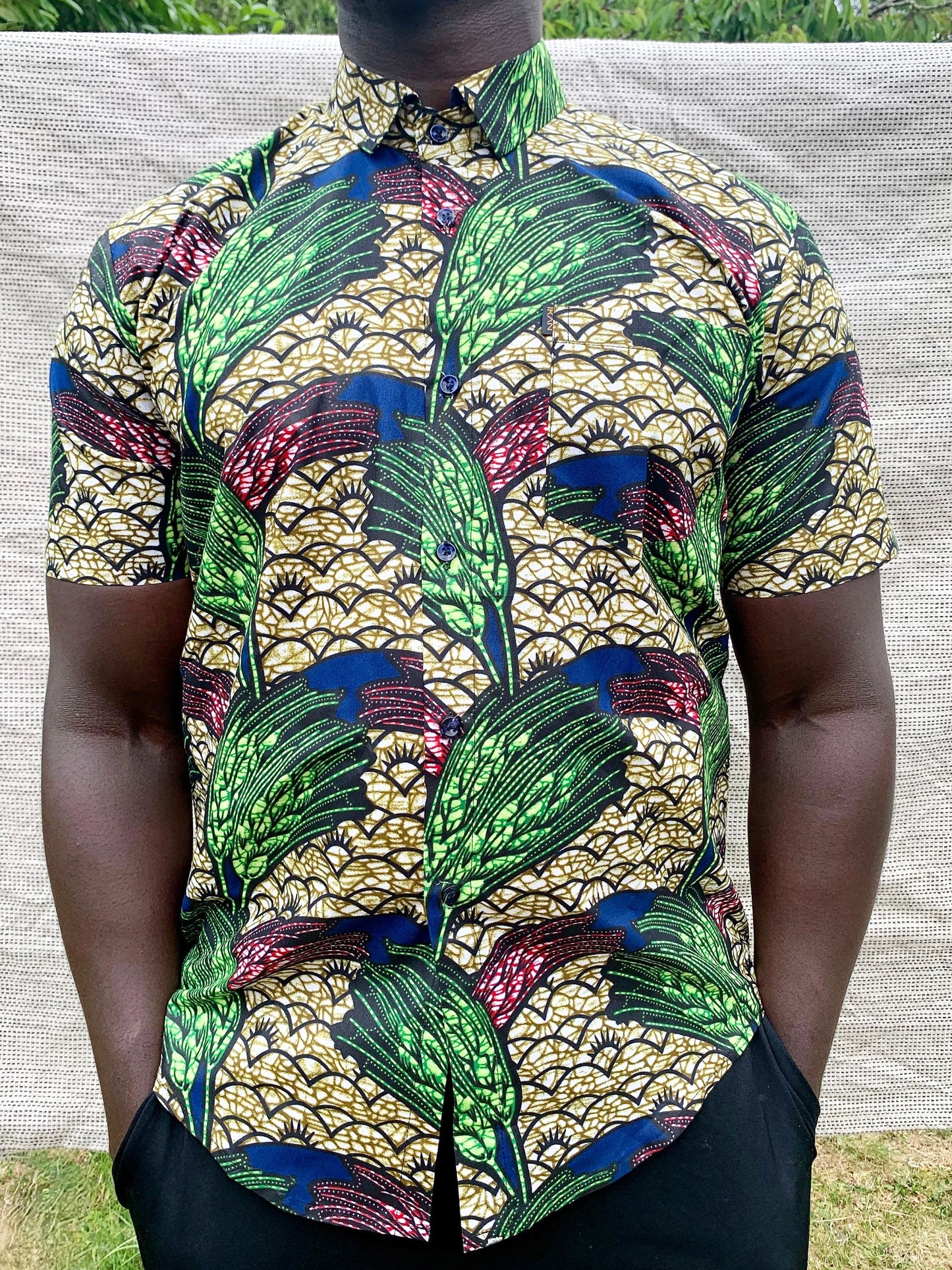 Tropical multicoloured leaf design ankara wax print short sleeve buttoned shirt with front pocket