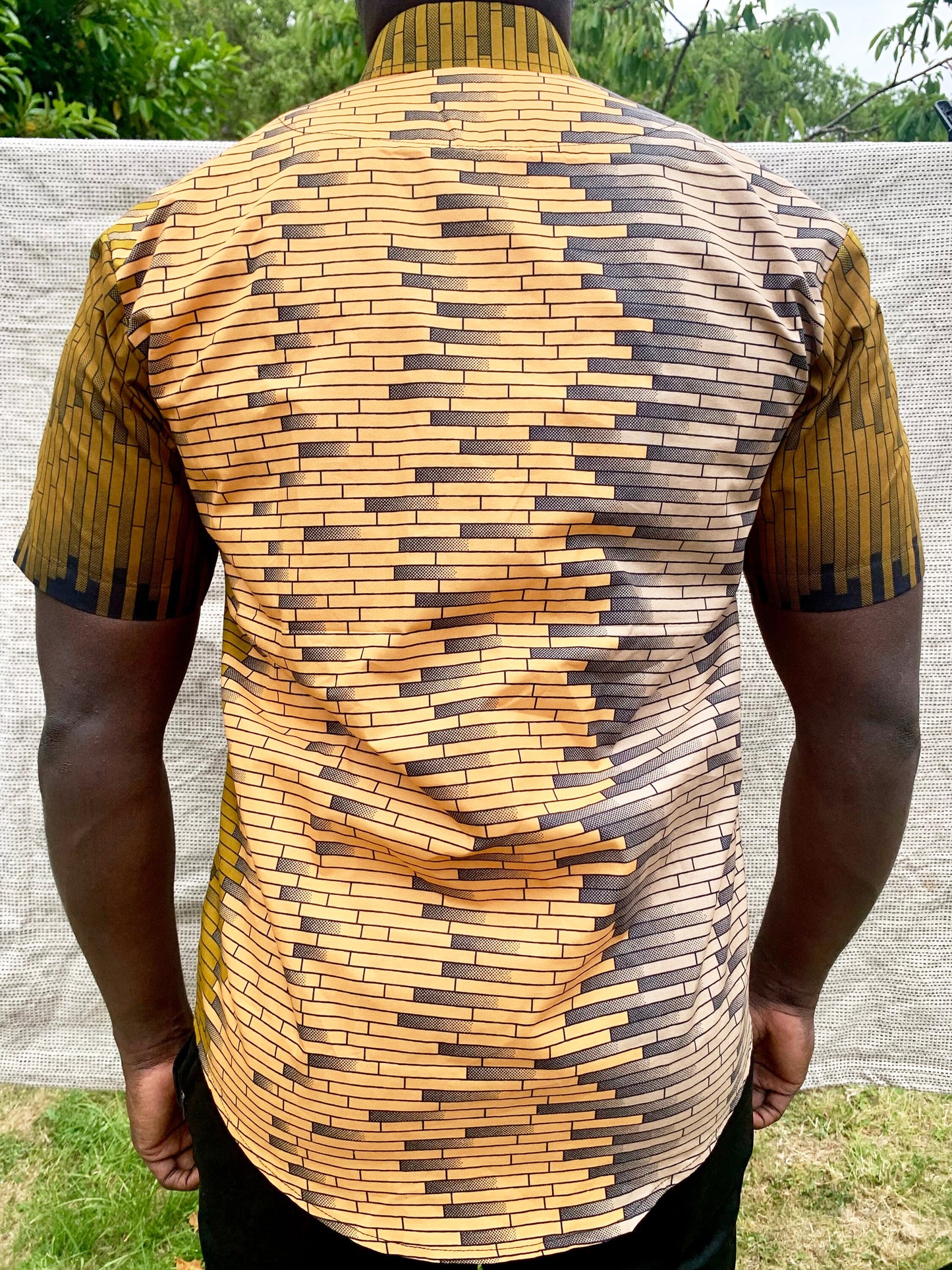 Yellow ombre brick design ankara wax print short sleeve buttoned shirt with front pocket