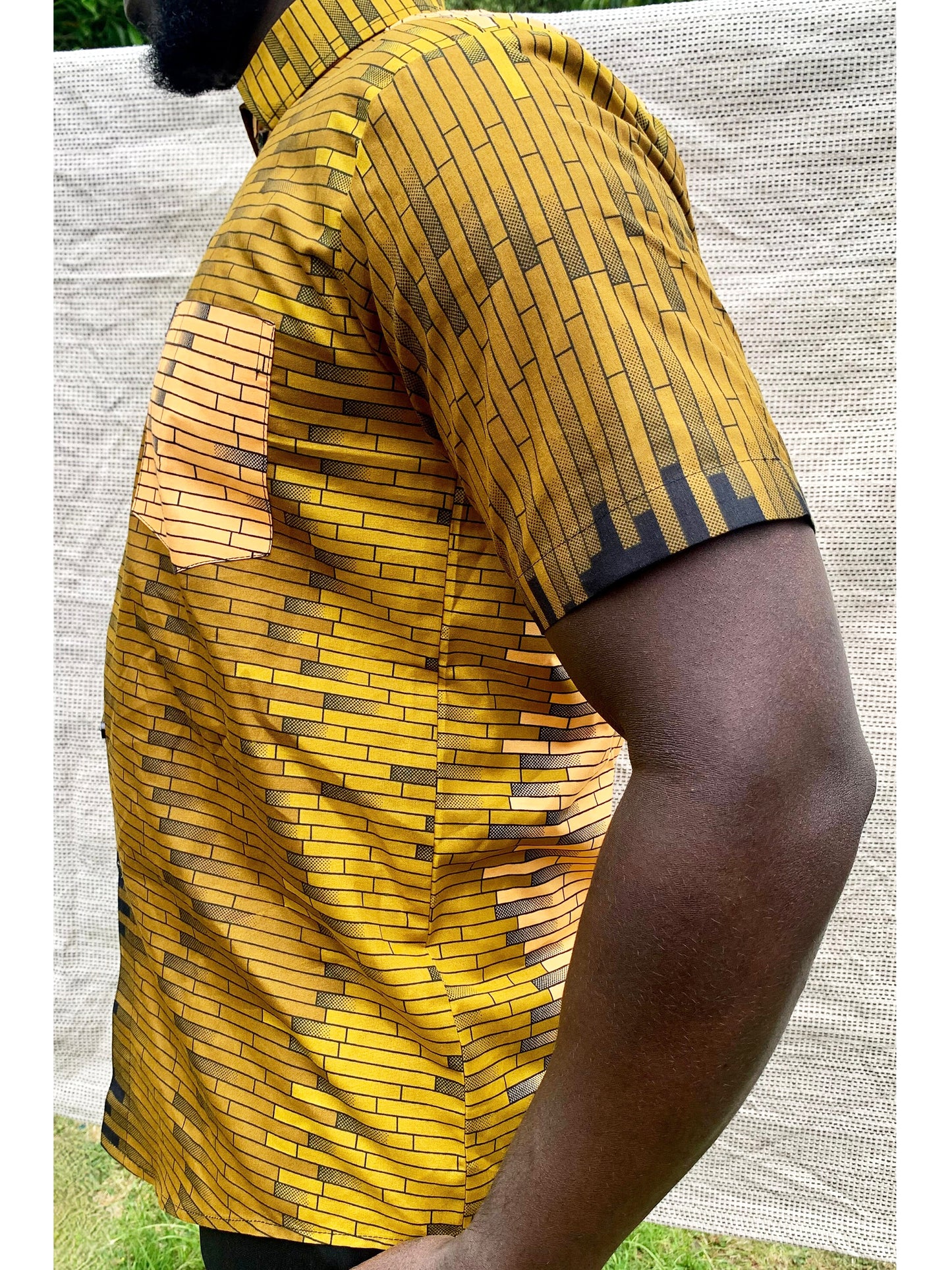 Yellow ombre brick design ankara wax print short sleeve buttoned shirt with front pocket