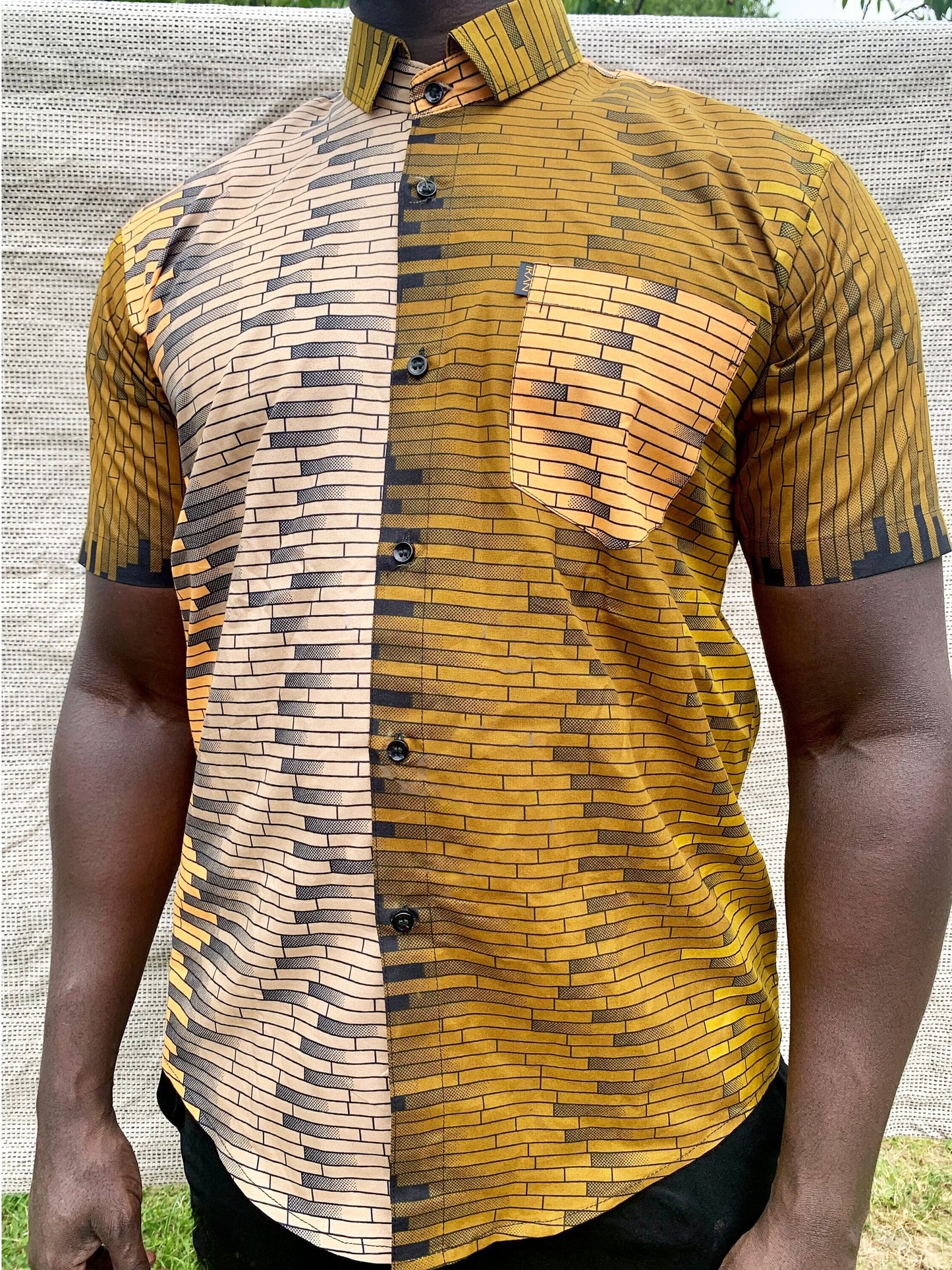 Yellow ombre brick design ankara wax print short sleeve buttoned shirt with front pocket