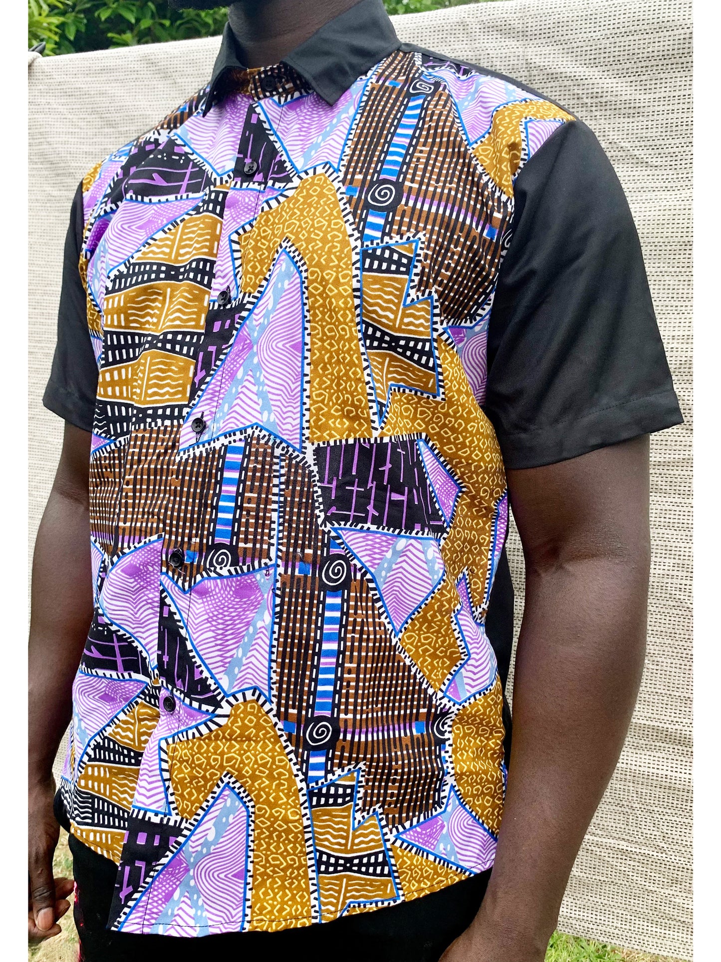 Combination black, purple & gold ankara wax print short sleeve button shirt with front pocket