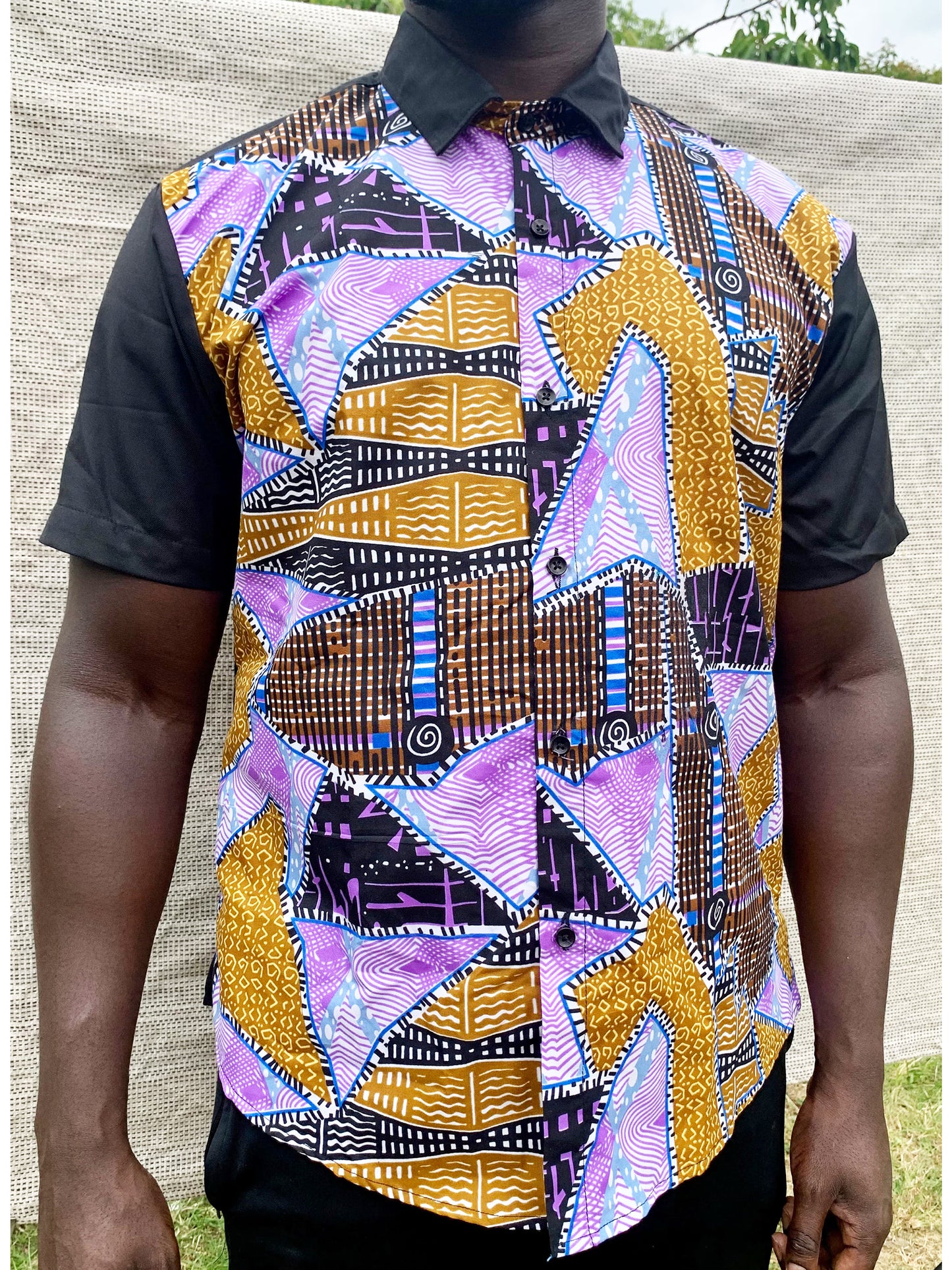 Combination black, purple & gold ankara wax print short sleeve button shirt with front pocket