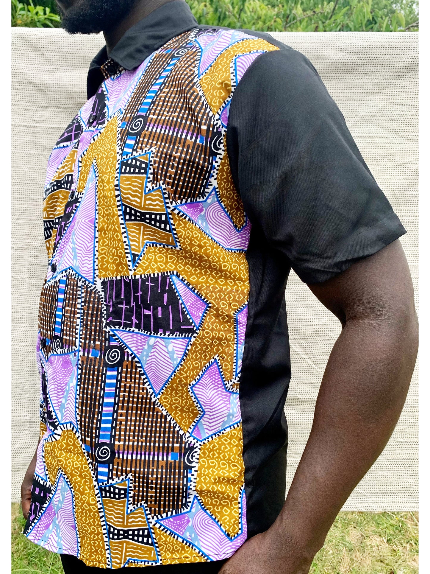 Combination black, purple & gold ankara wax print short sleeve button shirt with front pocket