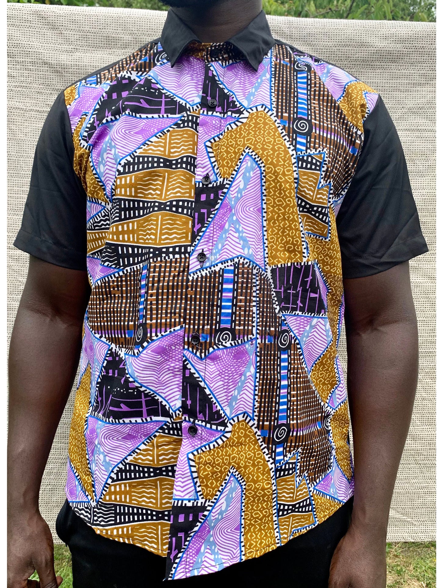 Combination black, purple & gold ankara wax print short sleeve button shirt with front pocket