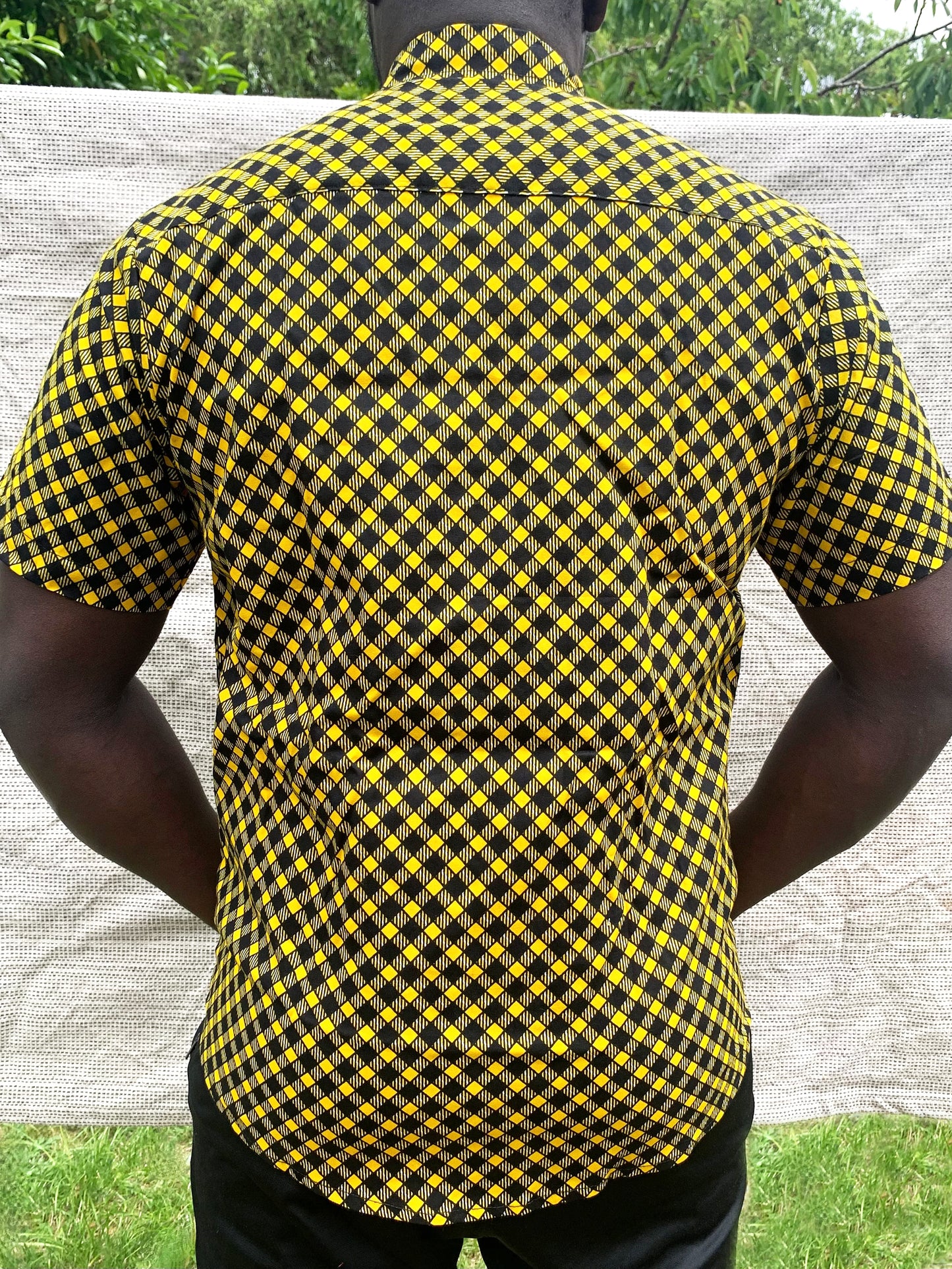 Black & yellow check pattern wax print short sleeve buttoned shirt with front pocket