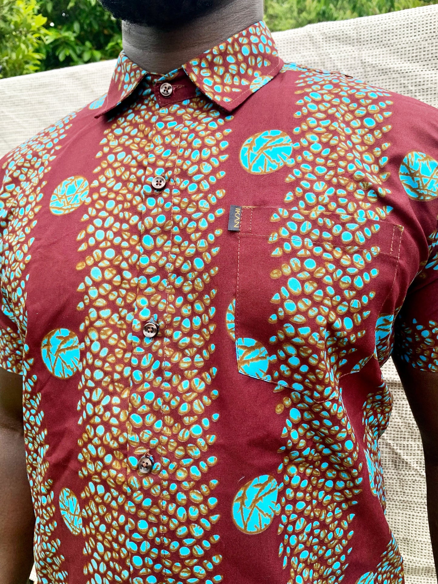 Deep red & blue ankara wax print short sleeve buttoned shirt with front pocket