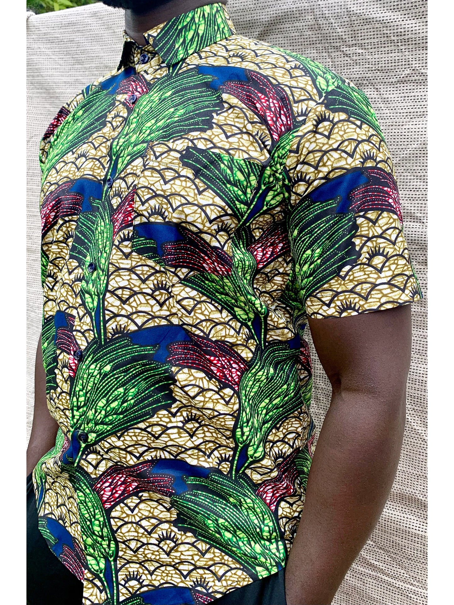 Tropical multicoloured leaf design ankara wax print short sleeve buttoned shirt with front pocket