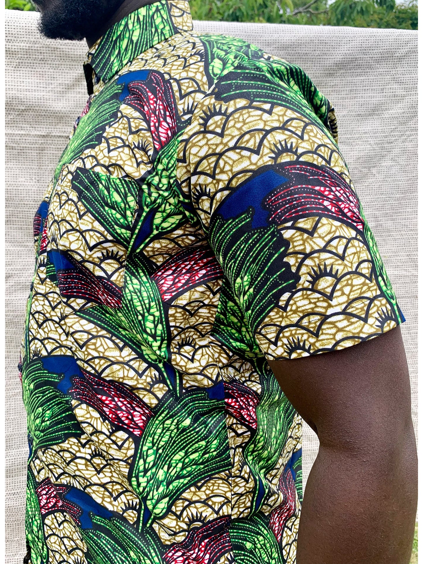 Tropical multicoloured leaf design ankara wax print short sleeve buttoned shirt with front pocket