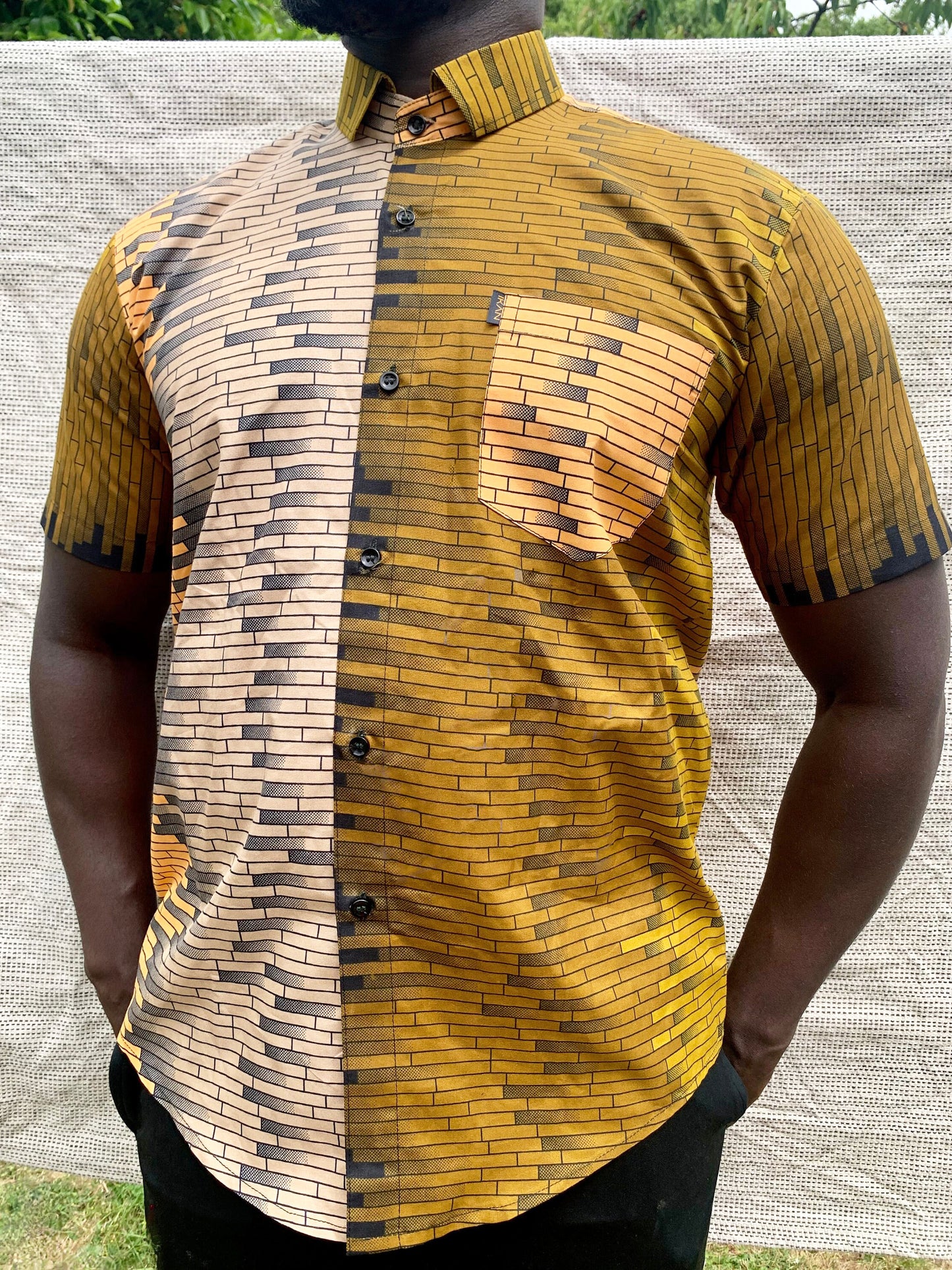 Yellow ombre brick design ankara wax print short sleeve buttoned shirt with front pocket