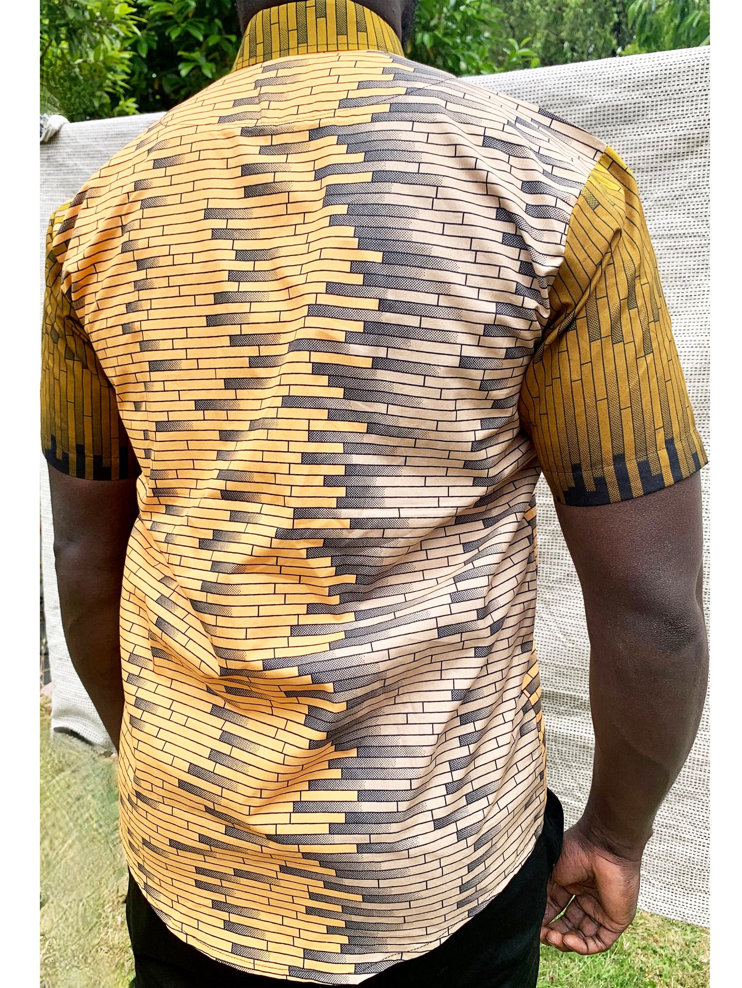 Yellow ombre brick design ankara wax print short sleeve buttoned shirt with front pocket