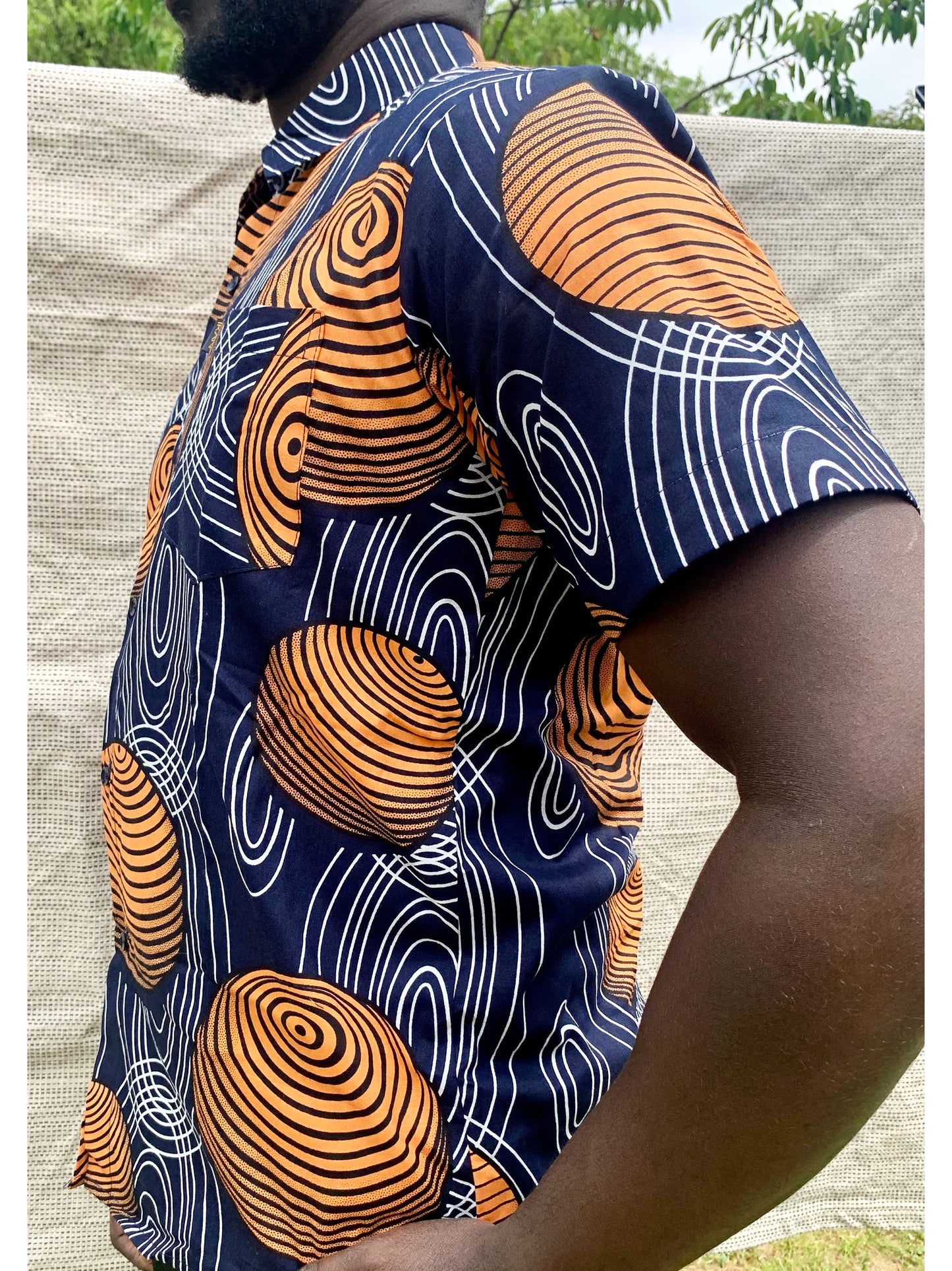 Navy, orange & white spheres design ankara wax print short sleeve buttoned shirt with front pocket,