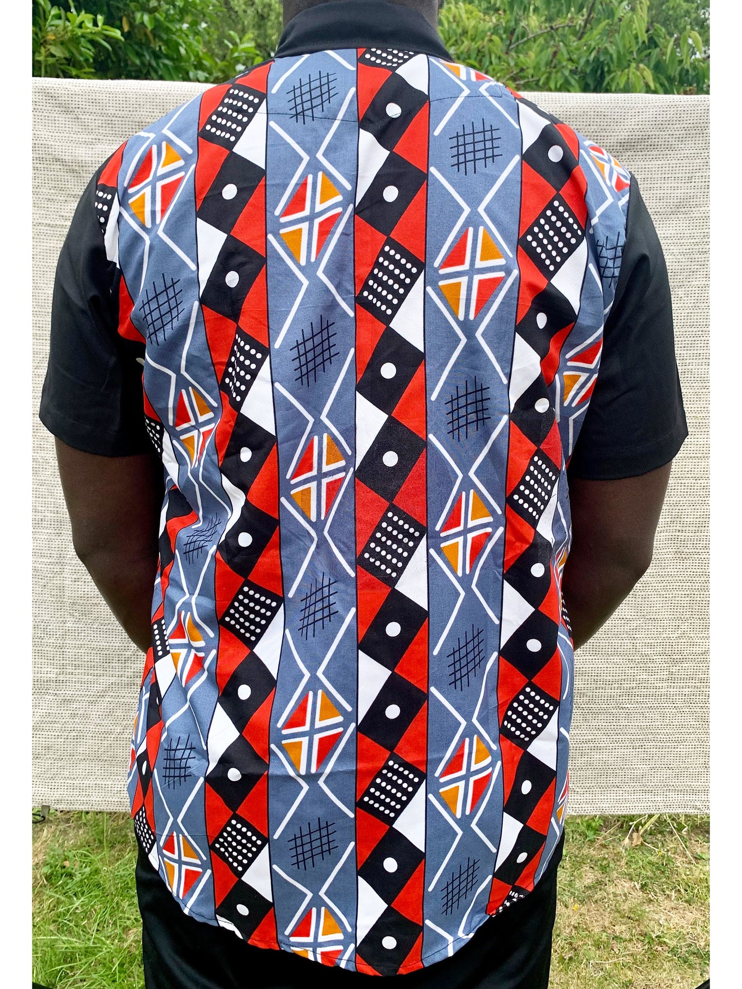 Combination black, grey, red tribal ankara wax print short sleeve button shirt with front pocket