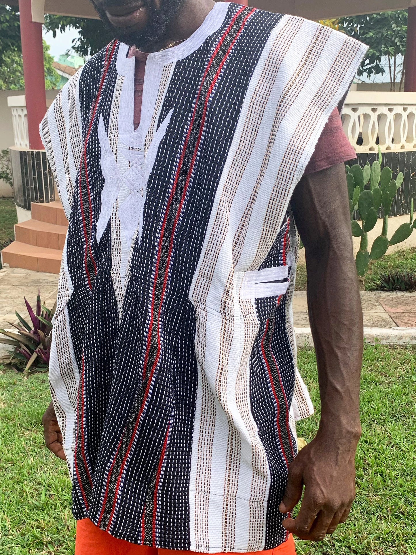 Handwoven Men's Kente Batakari Fugu Smock | One Size (S-XL)- Black, White & Red