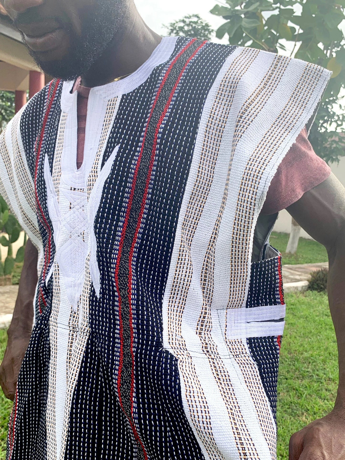 Handwoven Men's Kente Batakari Fugu Smock | One Size (S-XL)- Black, White & Red