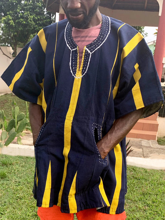 Handwoven Men's Short Sleeve Kente Batakari Fugu Smock | One Size (S-XXL)- Navy blue & Yellow stripes