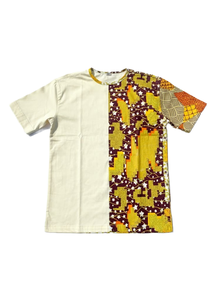 Contrast Frog Green, Maroon & Off-White Ankara Round Neck T-Shirt