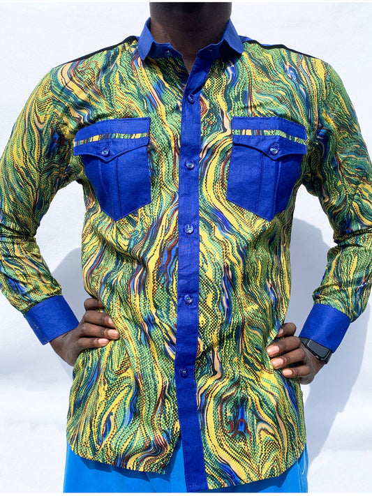 Chemise à manches longues Swirl Ankara avec col, poignets et poches avant contrastés