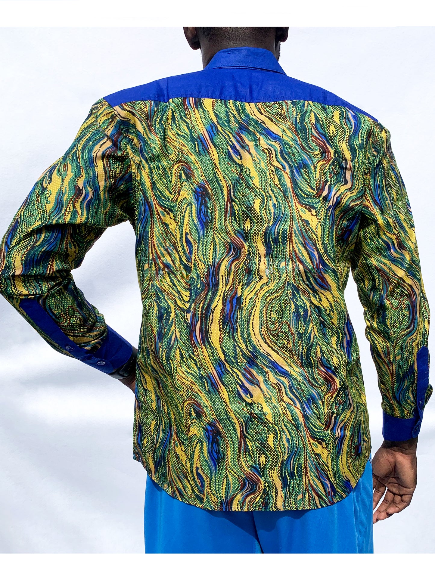 Swirl Ankara Long Sleeved Shirt with Contrasting Collar, Cuffs & Front Pockets