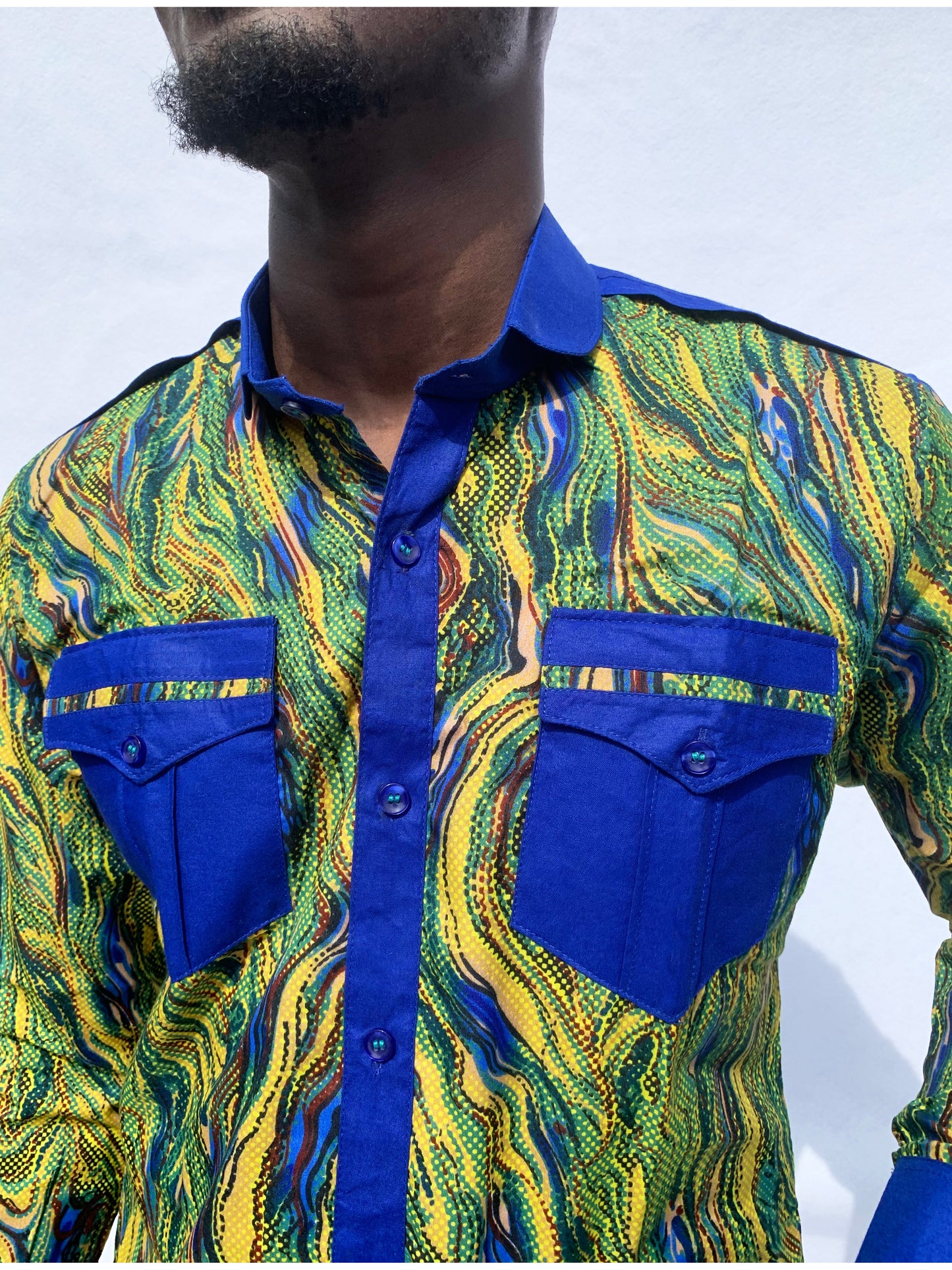 Swirl Ankara Long Sleeved Shirt with Contrasting Collar, Cuffs & Front Pockets