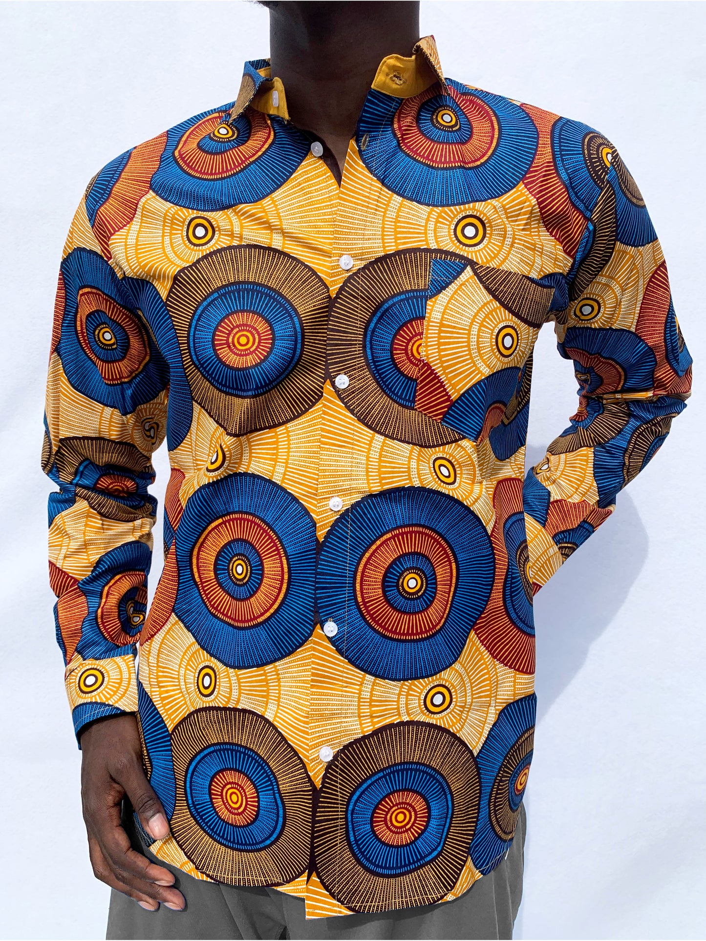 Circle Pattern Ankara Long Sleeved Shirt with Front Pocket