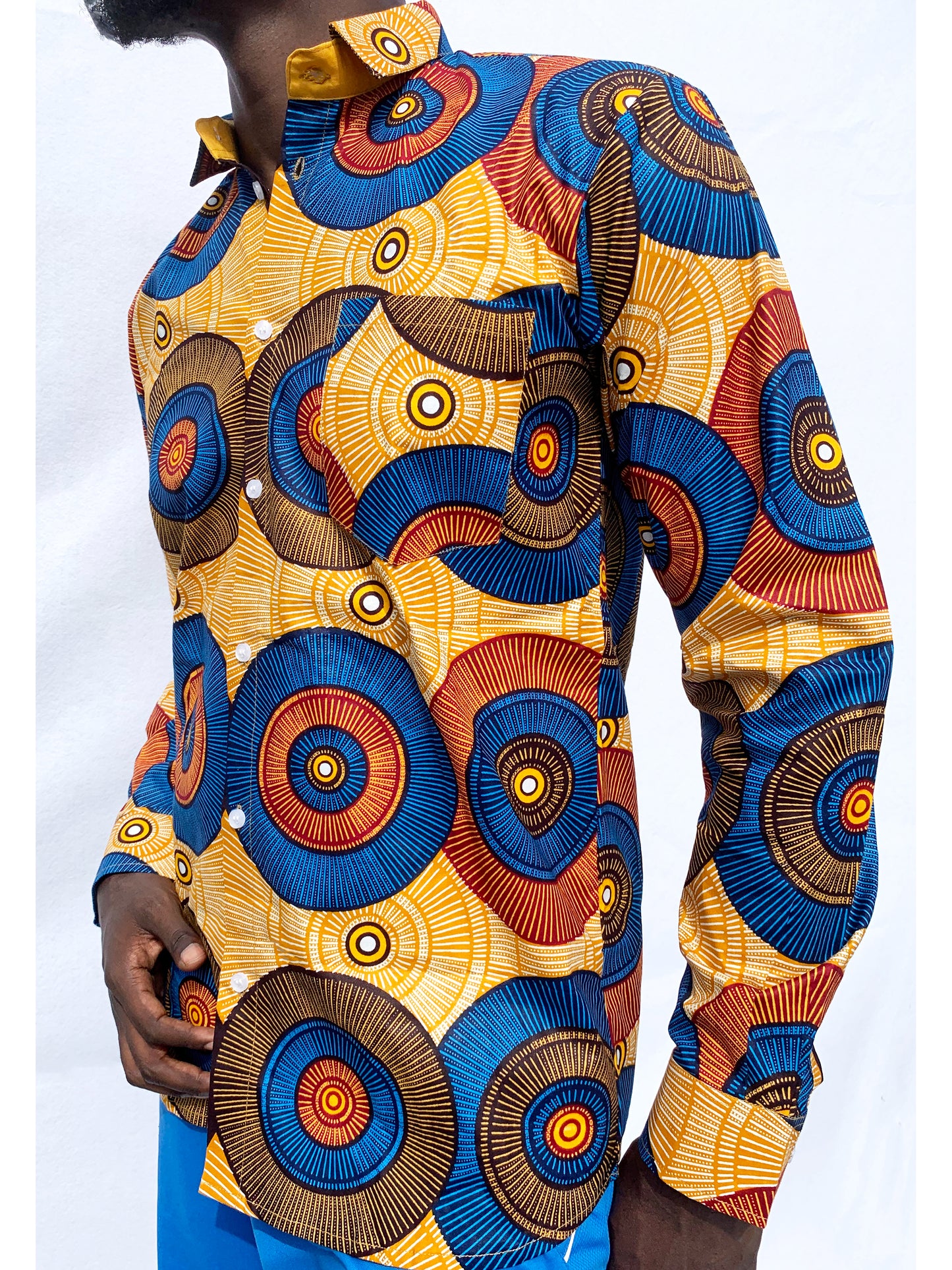 Circle Pattern Ankara Long Sleeved Shirt with Front Pocket