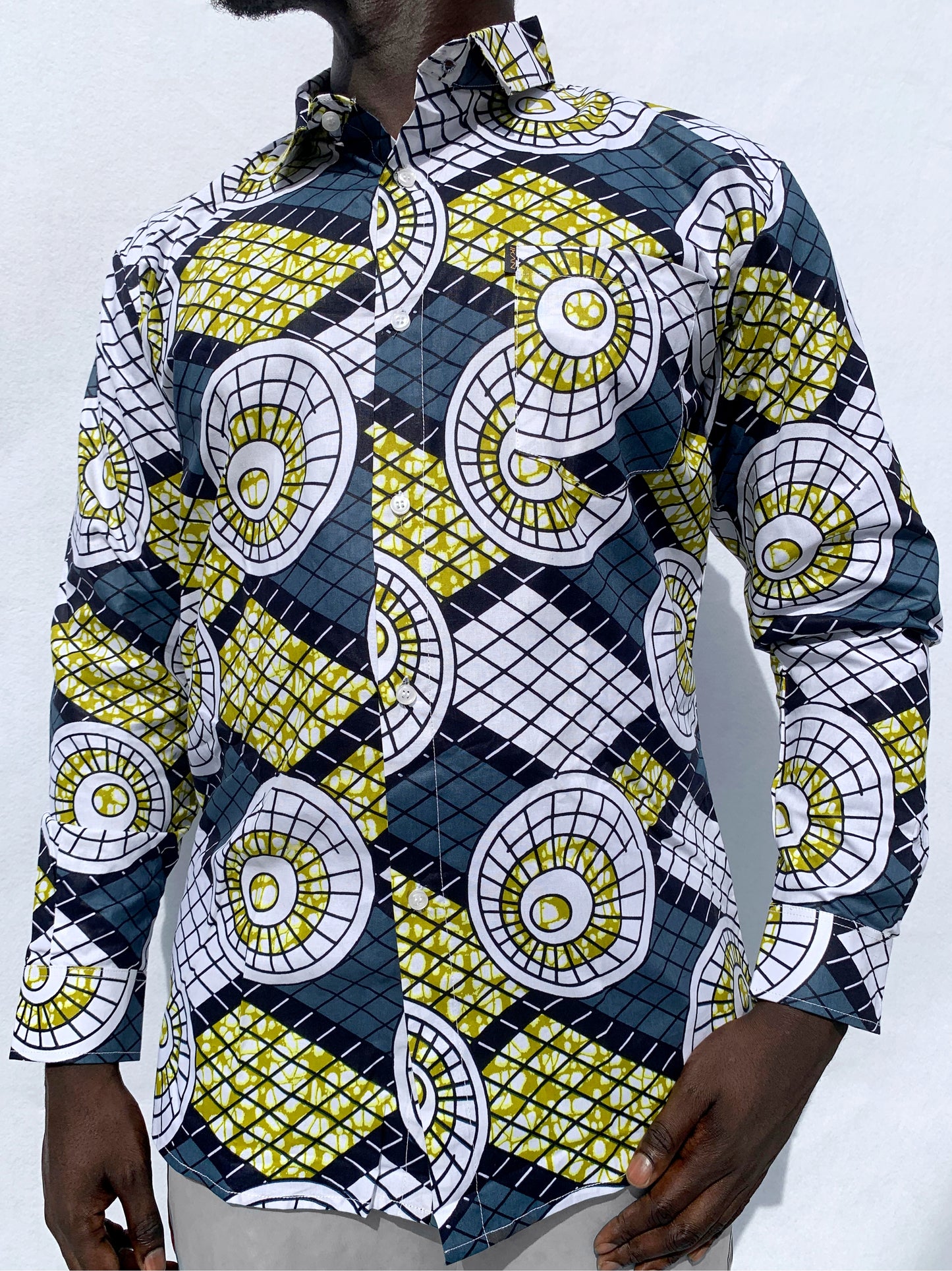 Circle & Checkerboard Ankara Long Sleeved Shirt with Front Pocket