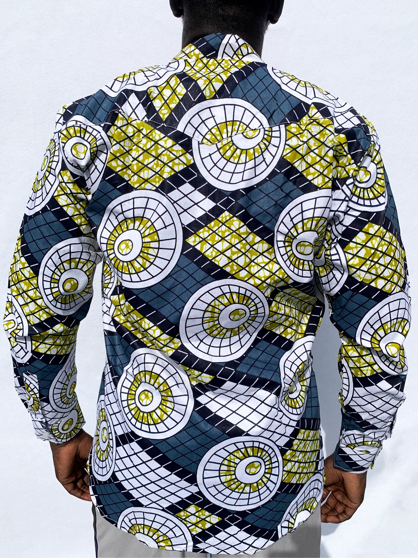 Circle & Checkerboard Ankara Long Sleeved Shirt with Front Pocket