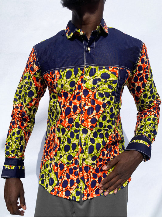 Chemise à manches longues Ankara orange, vert et bleu marine avec poignets à double bouton