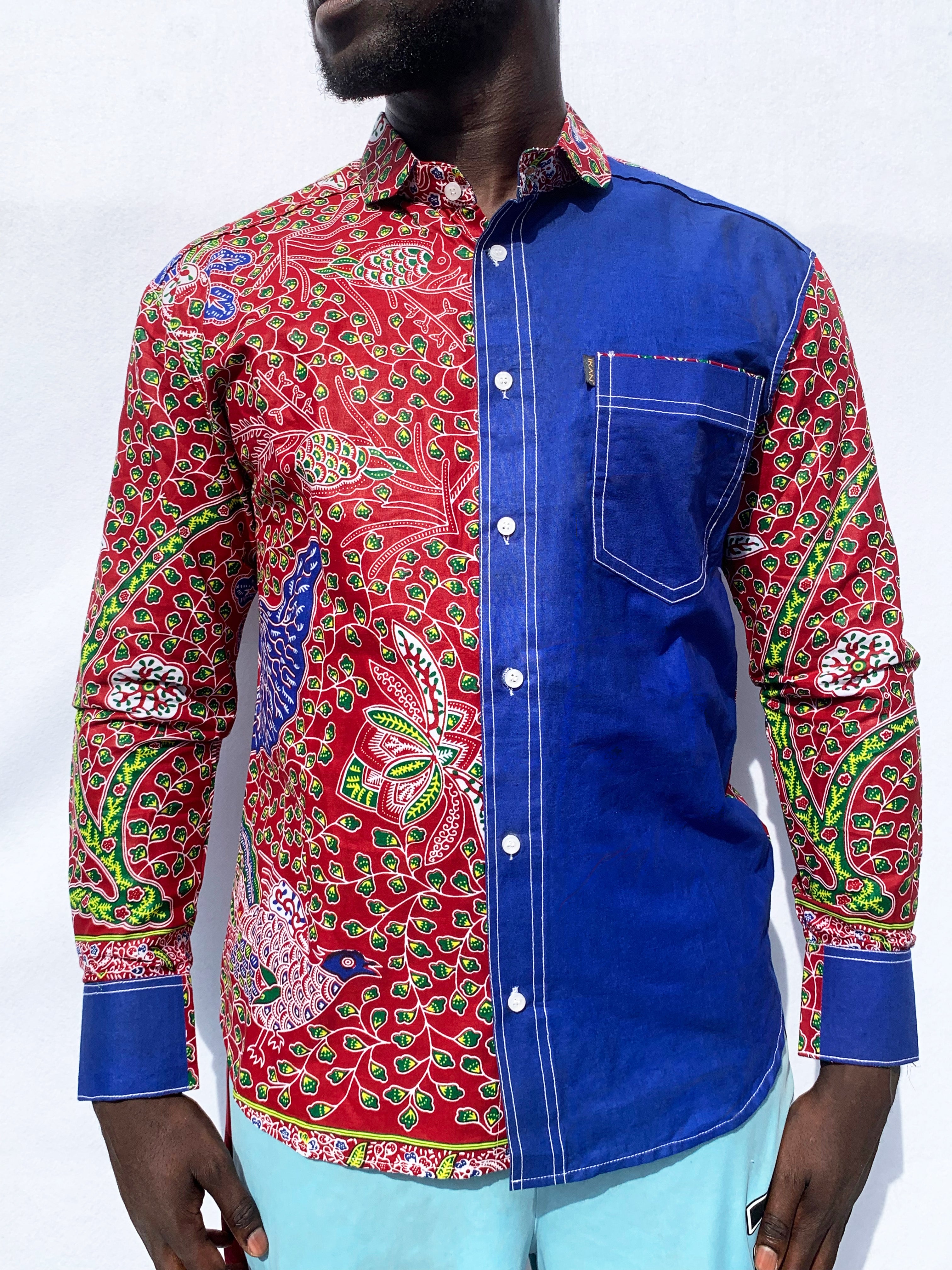 Contrasting Maroon and Blue Shirt with Front Pocket and White Double  Stitching