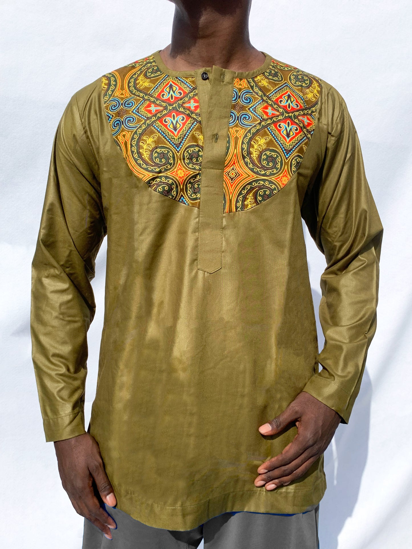Olive Green Long Top with Ankara Chest Panel and long sleeves