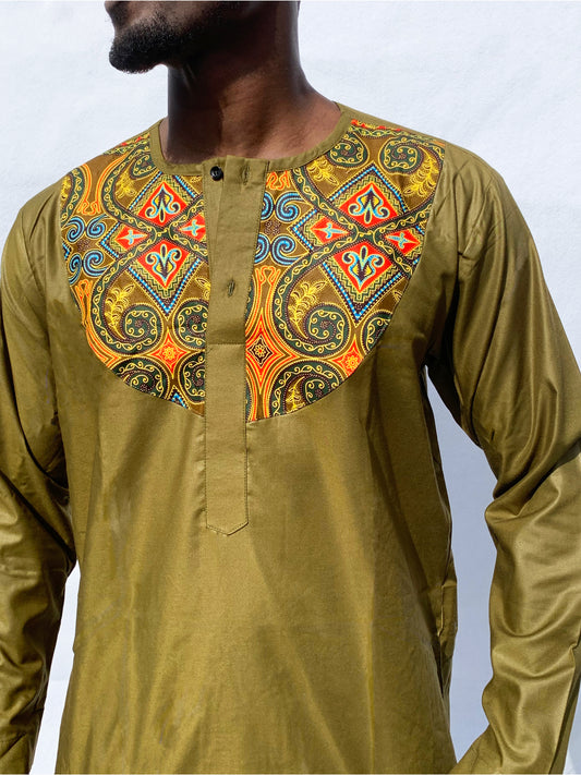 Haut long vert olive avec panneau de poitrine Ankara