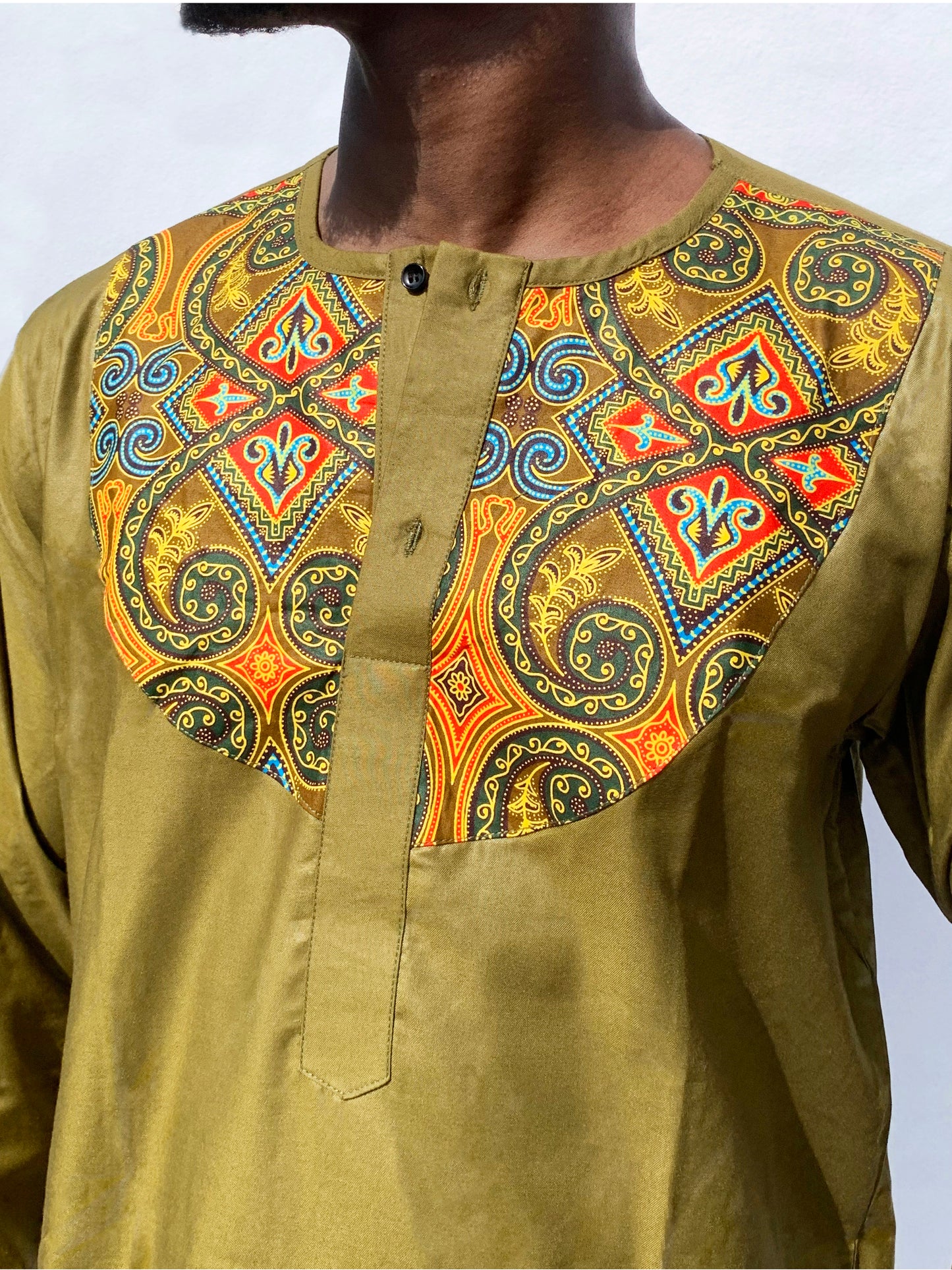 Olive Green Long Top with Ankara Chest Panel and long sleeves