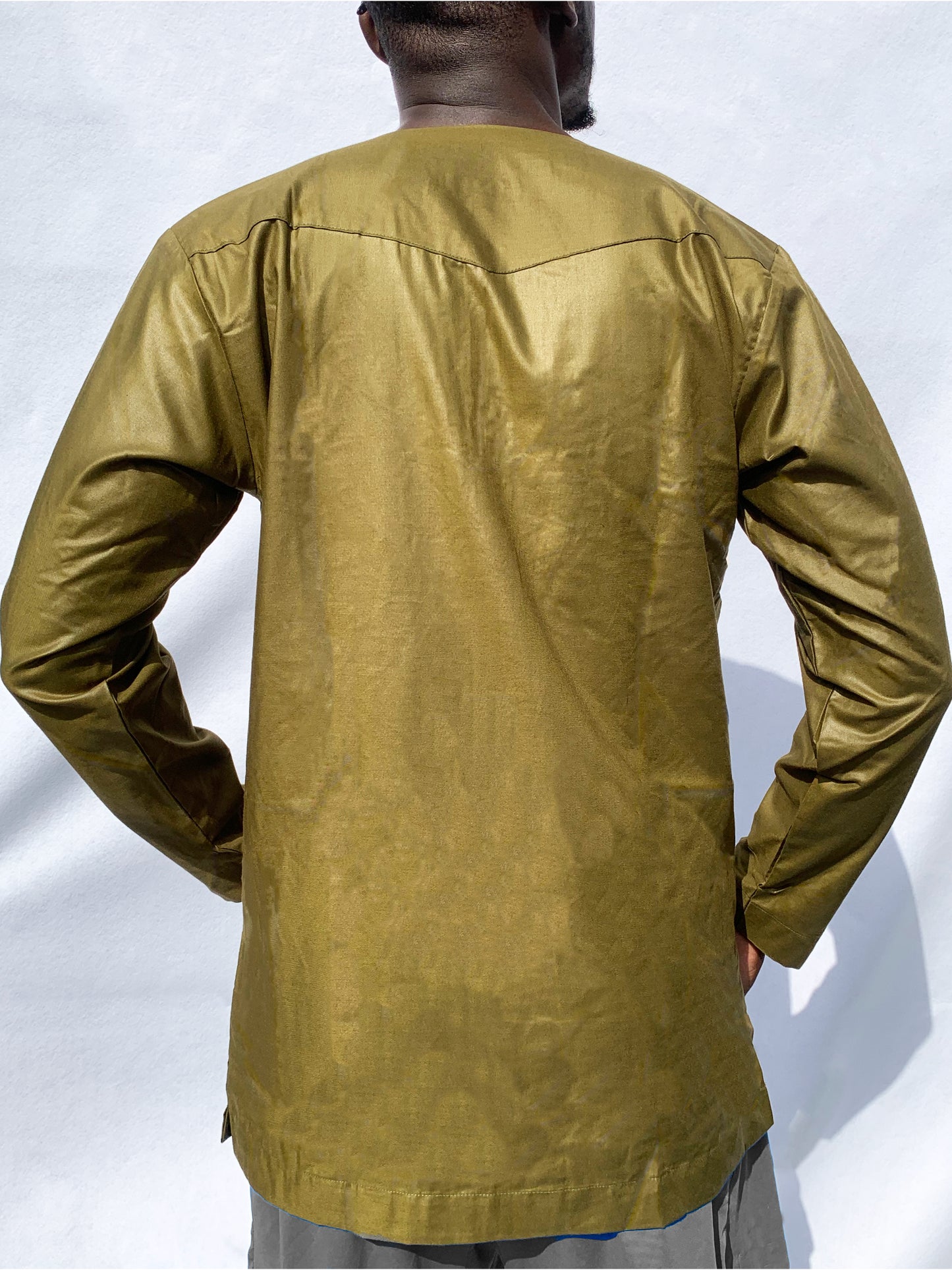 Olive Green Long Top with Ankara Chest Panel and long sleeves