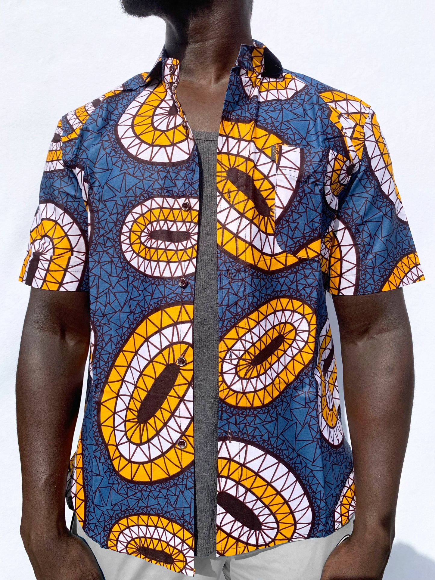 Orange + white geometric ovals - Blue (Long sleeves)