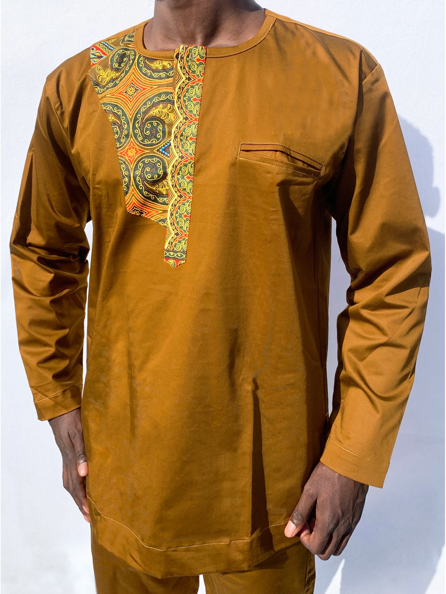 Caramel Long-Sleeved Button Crew Neck Top