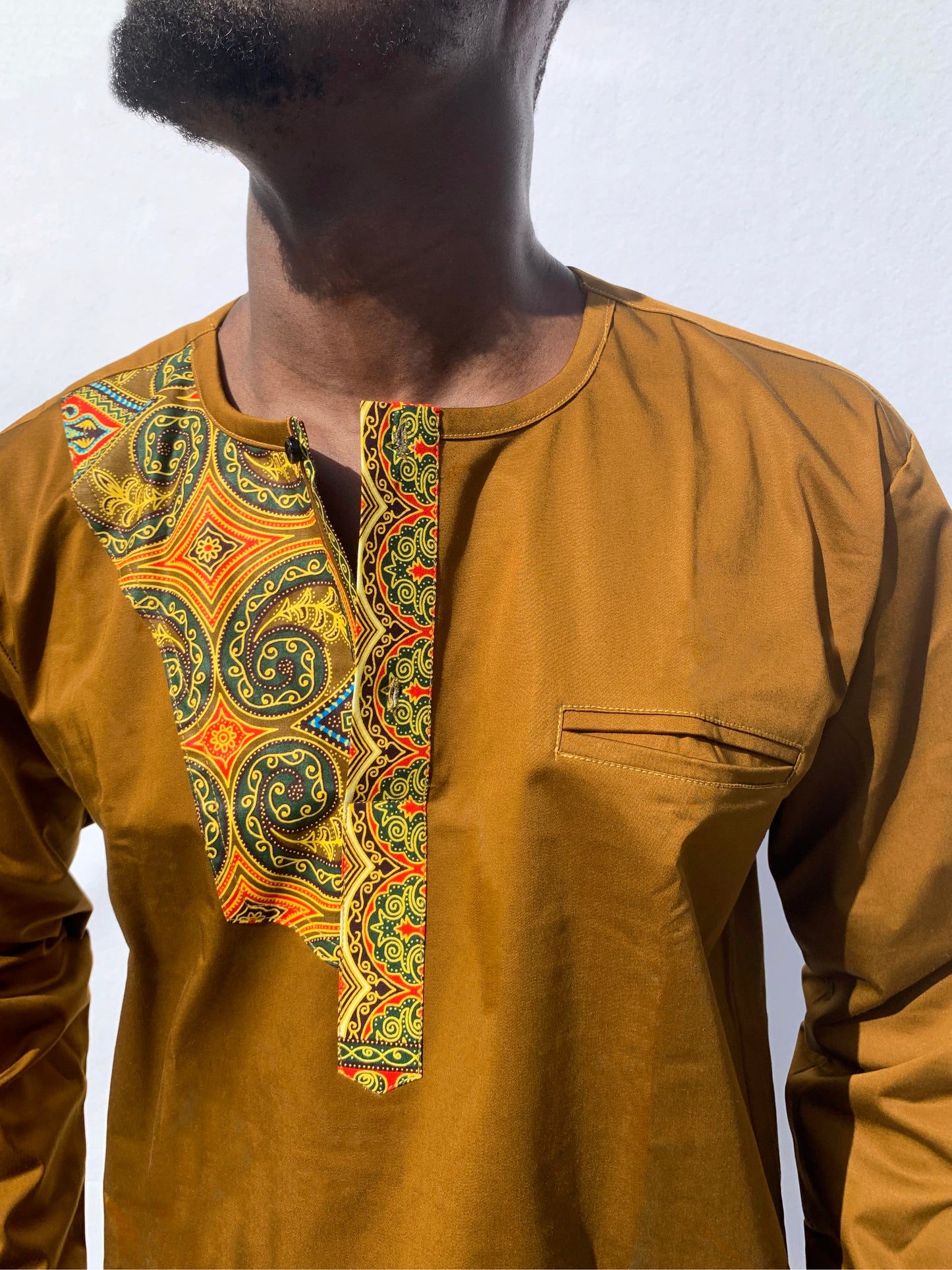 Caramel Long-Sleeved Button Crew Neck Top