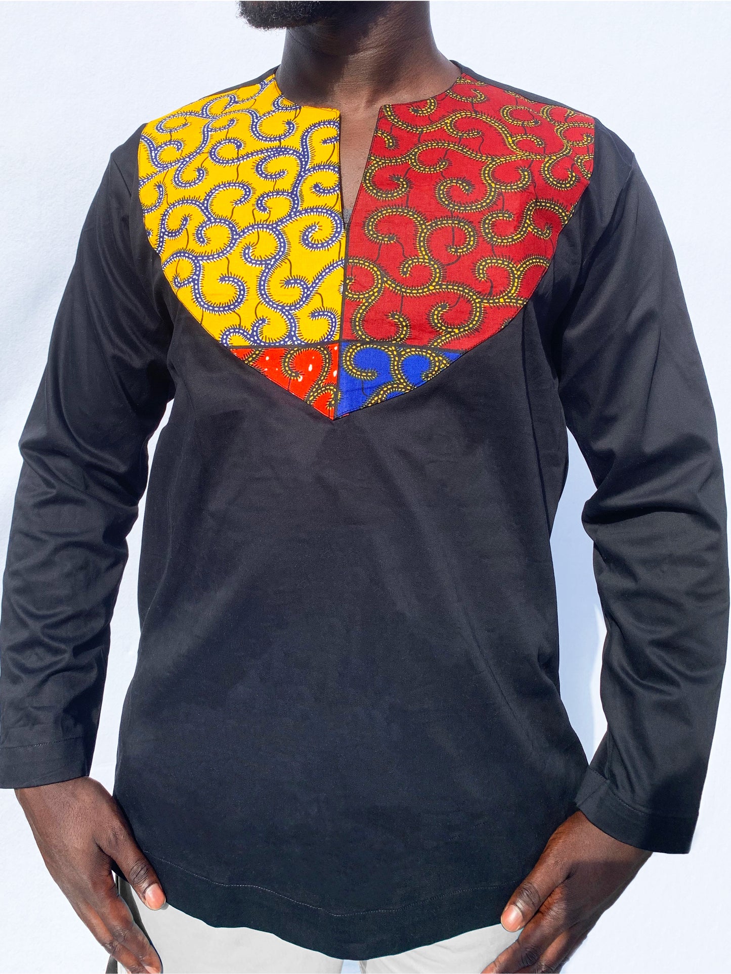 Black Long Sleeved Top with Ankara Chest Design