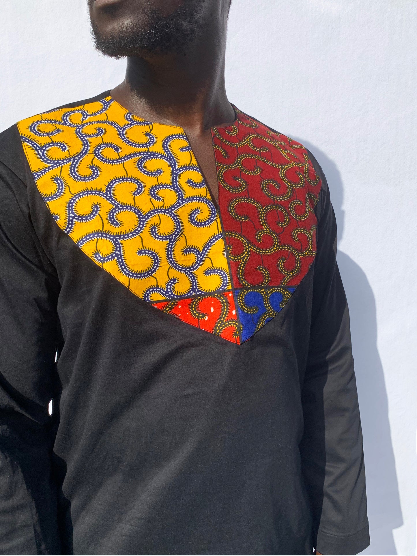 Black Long Sleeved Top with Ankara Chest Design