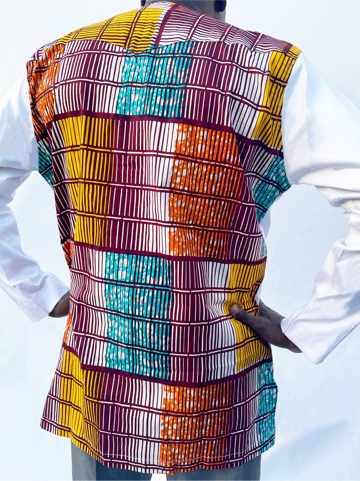 White Crew Neck Buttoned Top Combined with Multicoloured Ankara Design
