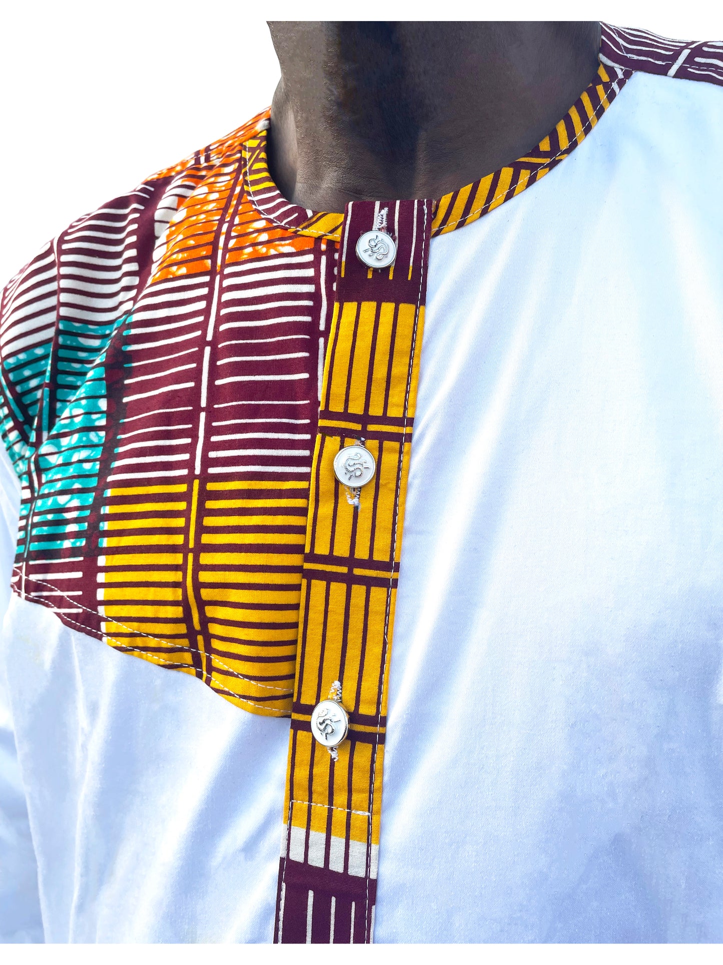 White Crew Neck Buttoned Top Combined with Multicoloured Ankara Design
