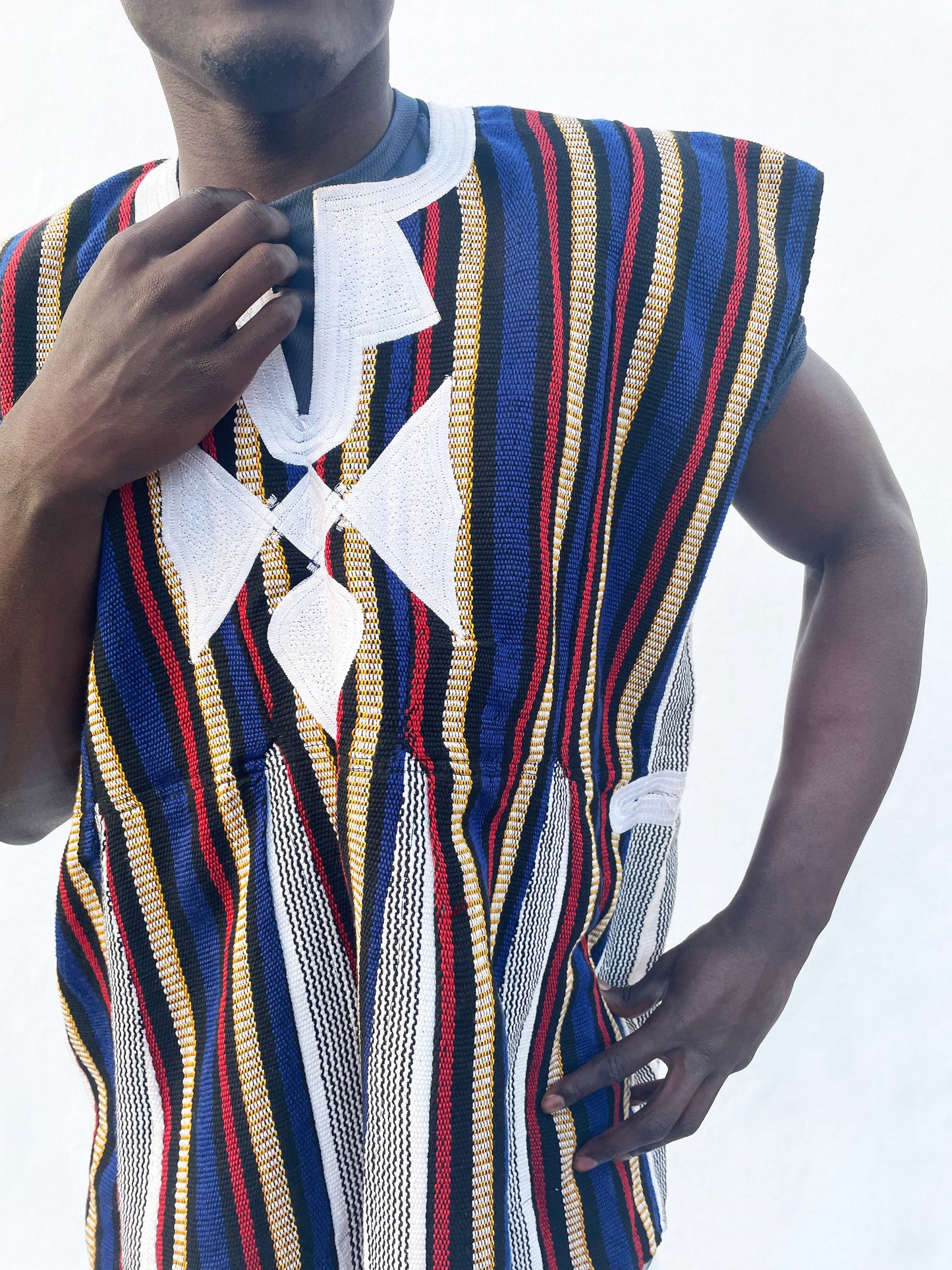Handwoven smock / batakari / fugu - Blue, Red & Ivory Stripes #SMK707