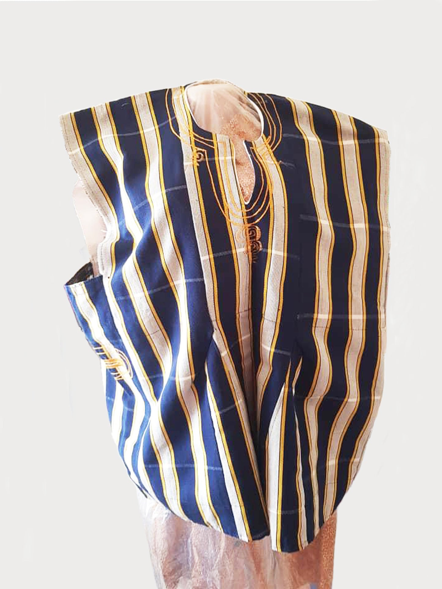 Handwoven smock / batakari / fugu - Navy, Off-White & Yellow Stripes #SMK721